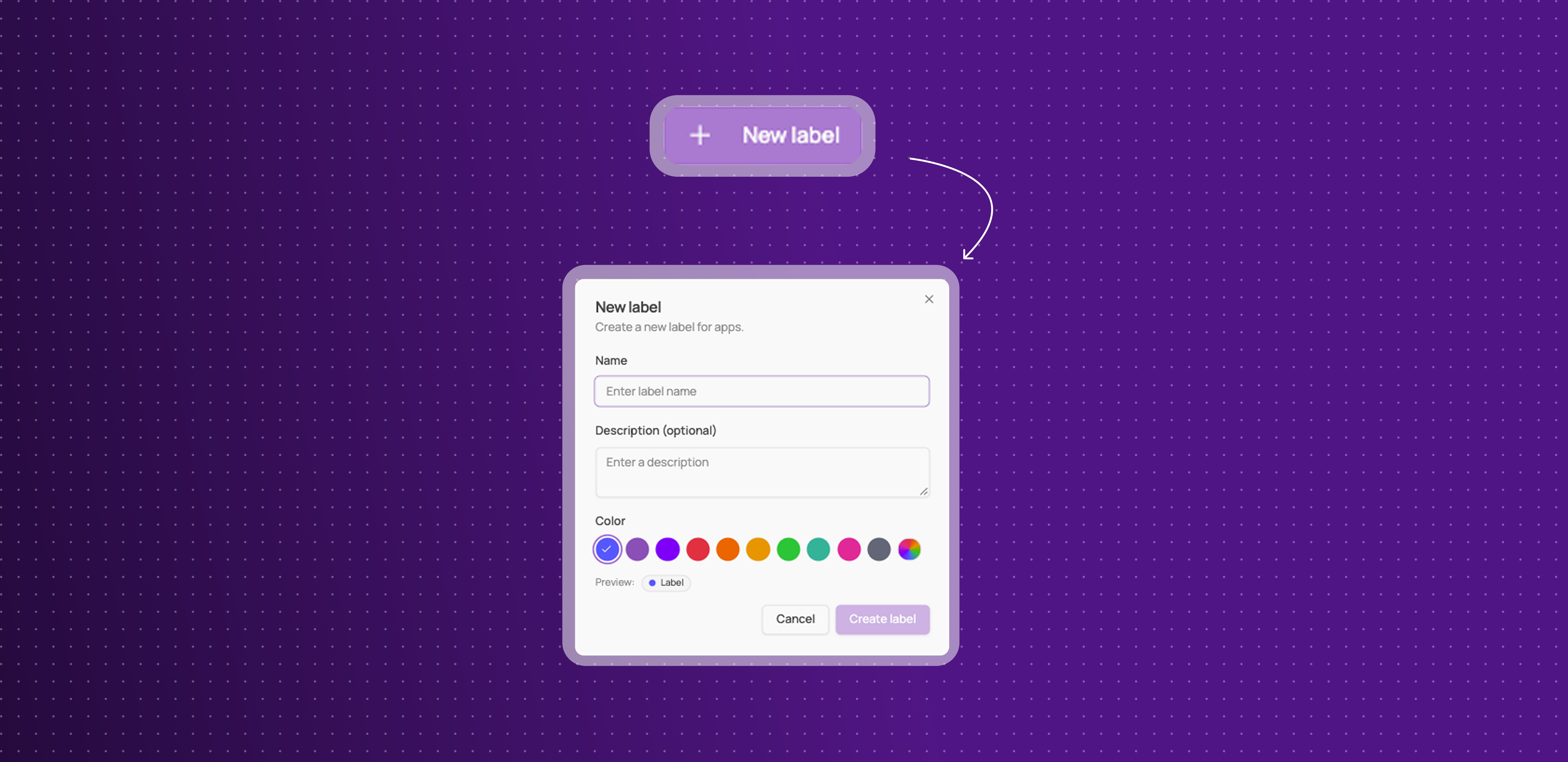 New label dialog with name, description, color choices, and create controls