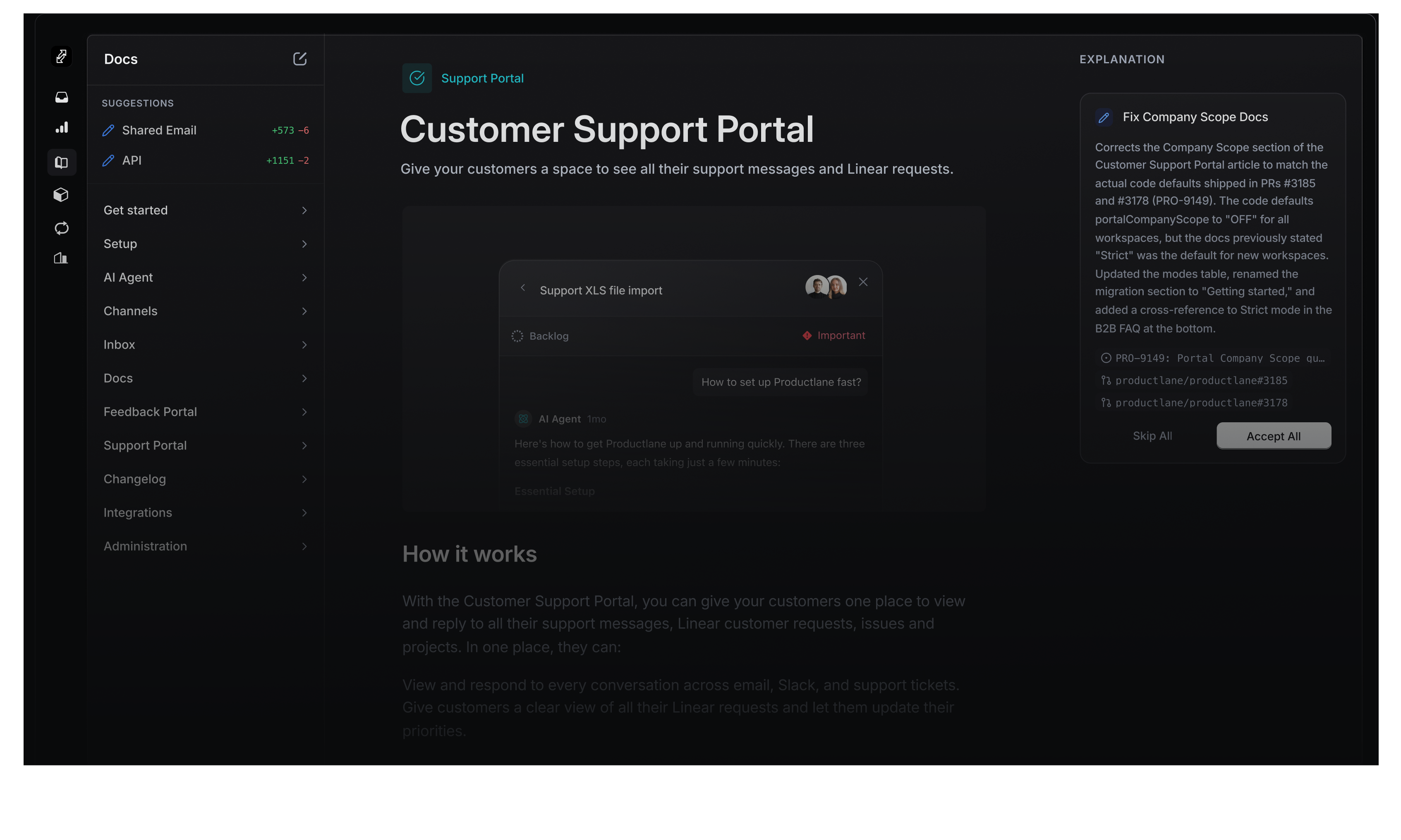 Help Center suggestions UI with side panel to approve or reject AI-drafted articles